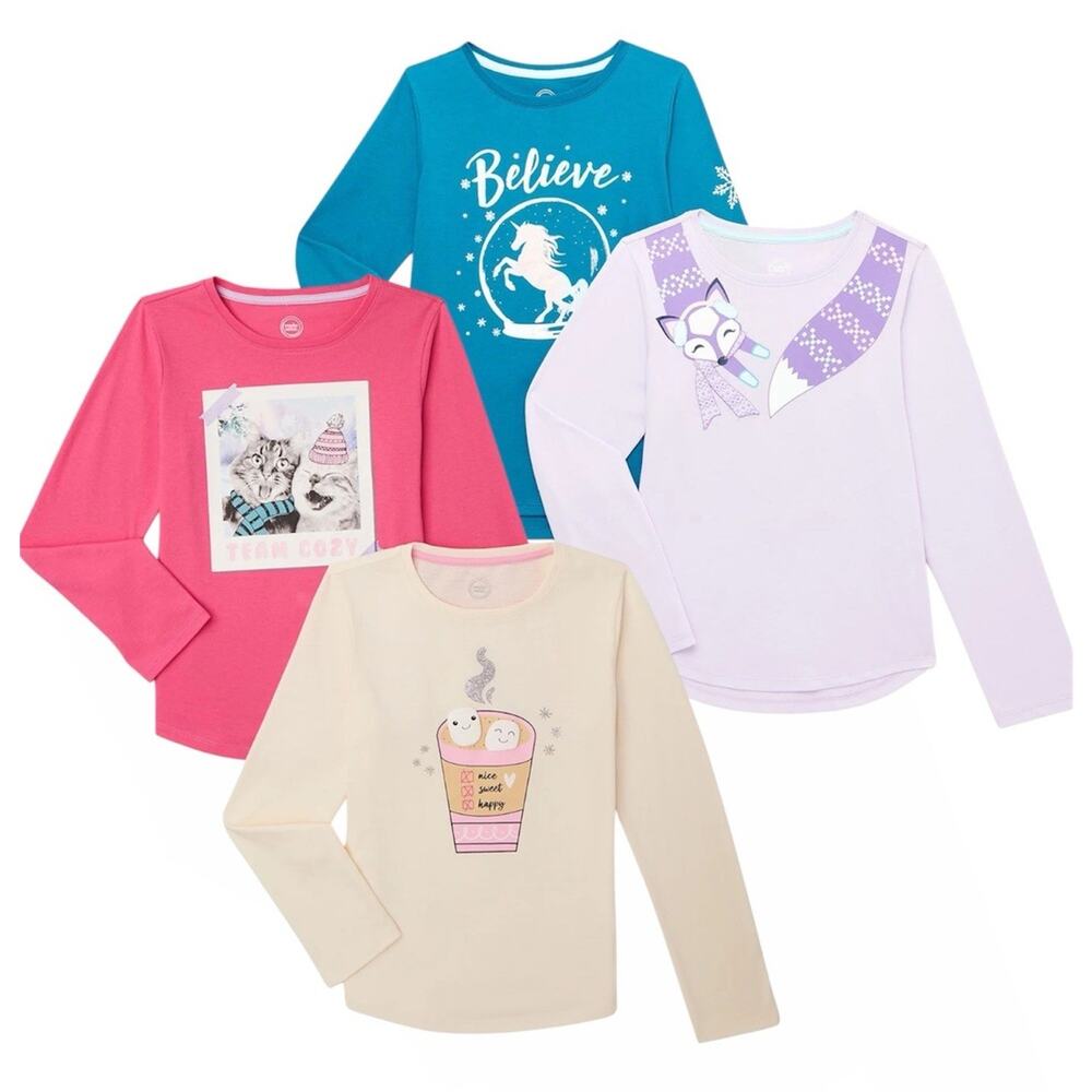 4-pack‎ Wonder Nation Girl’s Winter Long Sleeve Shirt Graphic T-Shirt Cute Tee M